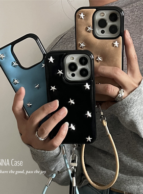 ANNACASE小众设计ins星星铆钉油蜡皮挂绳适用苹果17promax手机壳iphone14女15pro新款16pro全包17防摔保护套