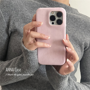 ANNACASE小众少女橡粉色牛仔纹适用苹果17promax手机壳iphone16皮质15pro新款 14半包硬壳16promax防摔保护套