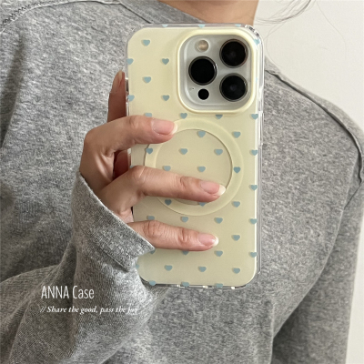 韩系少女奶黄蓝色爱心磁吸手机壳