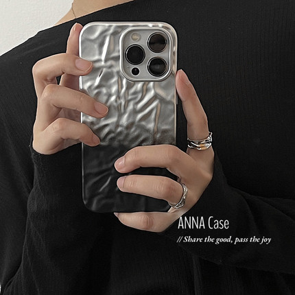 ANNACASE个性冷淡电镀银黑渐变褶皱适用iphone16promax苹果15手机壳14新款12pro硅胶x全包13Promax防摔保护套