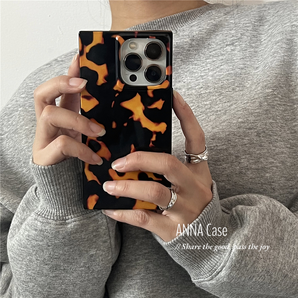 ANNACASE高级感小众方形玳瑁适用苹果16promax手机壳iphone15女款13pro新款14亮面14promax防摔保护套16软壳