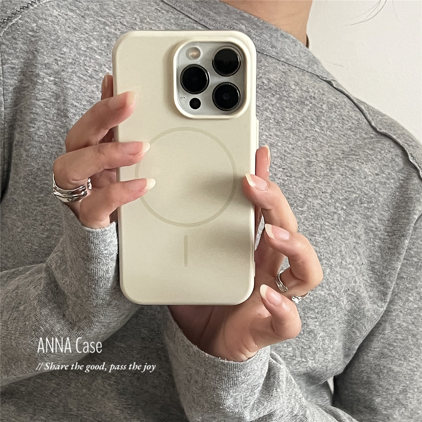 ANNACASE小众温柔奶油白细闪磁吸适用于苹果16promax手机壳iphone14女款15pro新款16pro全包软壳13防摔保护套