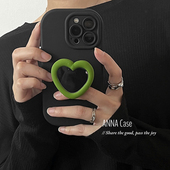 ANNACASE小众黑色茶绿爱心镜子支架适用iphone17promax苹果17手机壳14新款 15pro硅胶全包16Promax防摔保护套