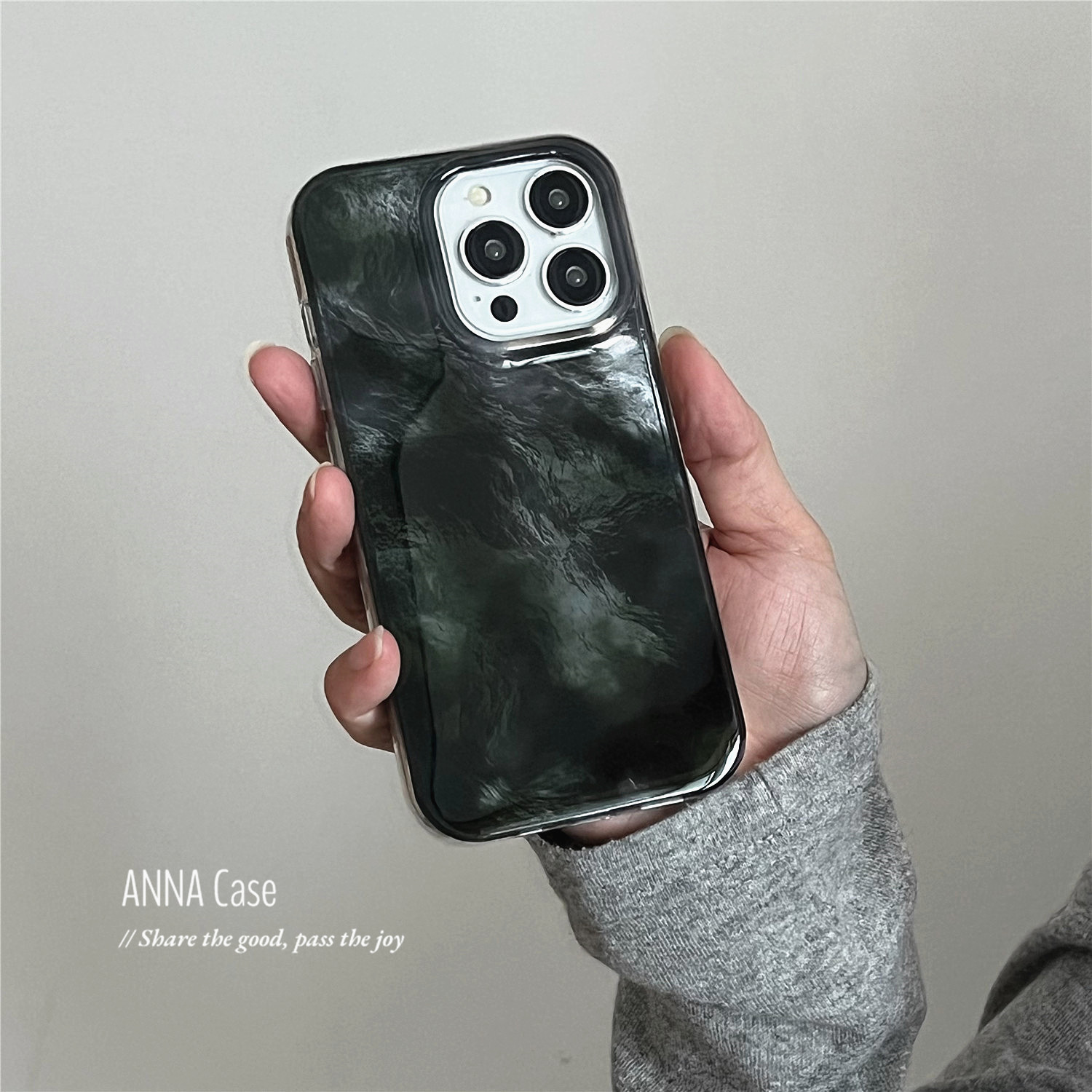 ANNACASE晕染烟雾黑墨绿锡纸纹适用于苹果16promax手机壳iphone14小众15pro新款16全包15光面13pro防摔保护套