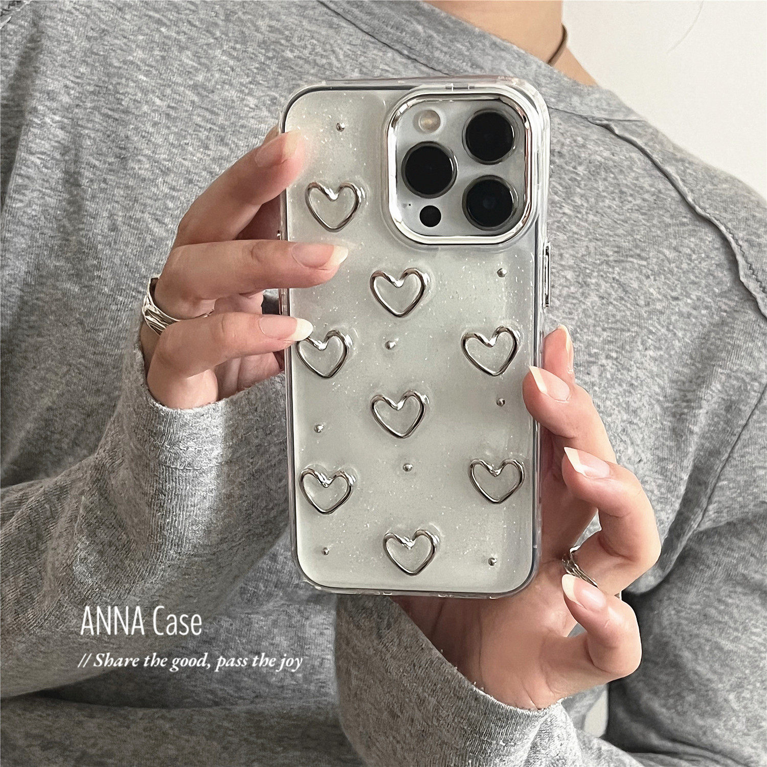 ANNACASE少女金属立体线条爱心适用苹果16promax手机壳iphone14滴胶15pro新款16全包软壳13promax防摔保护套