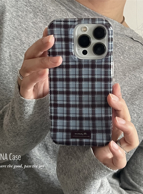 ANNACASE简约英伦风透明蓝棕格纹手机壳适用iphone16promax苹果16小众13pro新款15pro少女14Pro防摔保护套15