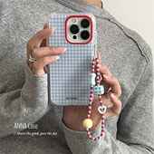 ANNACASE韩系ins清新少女蓝格子撞色挂链适用苹果17promax手机壳iphone14小众16pro新款 15全包软17防摔保护套