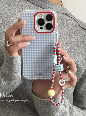 ANNACASE韩系ins清新少女蓝格子撞色挂链适用苹果17promax手机壳iphone14小众16pro新款15全包软17防摔保护套