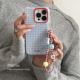 ANNACASE韩系ins清新少女蓝格子撞色挂链适用苹果17promax手机壳iphone14小众16pro新款 15全包软17防摔保护套