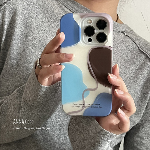 小众艺术蓝棕几何色块磨砂手机壳