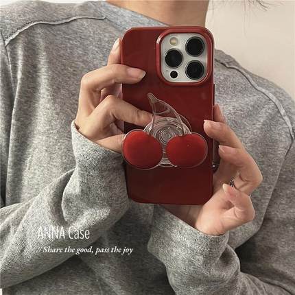 ANNACASE高级小众酒红樱桃支架适用iphone16promax苹果15手机壳11新款12pro硅胶14全包13Promax防摔保护套女
