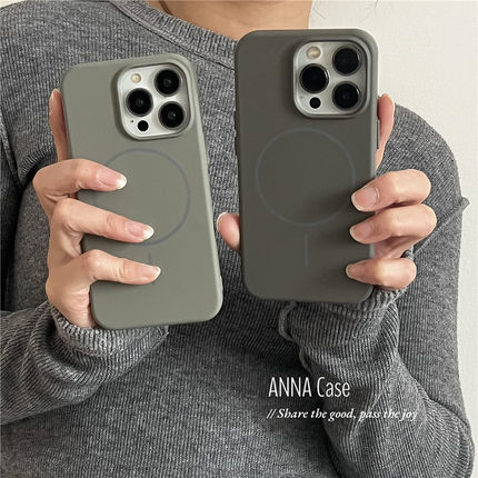 ANNACASE小众简约灰绿色磁吸手机壳适用于iPhone16pro新款15promax苹果13全包14pro防摔保护套16硅胶软壳12男