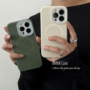 ANNACASE高级感小众墨绿奶白液态硅胶磁吸适用苹果17promax手机壳iphone15全包16pro新款 14promax防摔保护套
