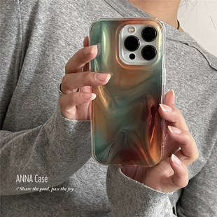 ANNACASE高级渐变复古绿橘色水波纹适用苹果17promax手机壳iphone16小众15pro新款 14全包16promax防摔保护套