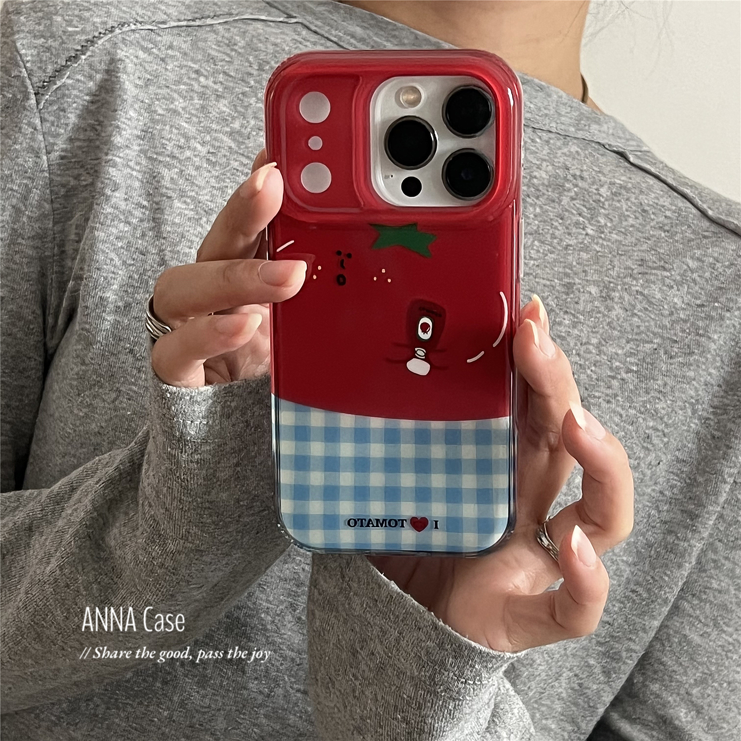 小众可爱红色番茄酱蓝格手机壳