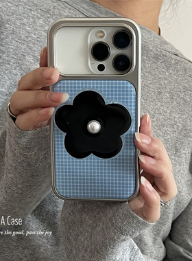 ANNACASE温柔蓝色小格子黑花支架手机壳适用iphone17promax苹果17pro小众16promax新款15pro女14防摔保护套16