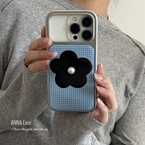 温柔蓝色小格子黑花支架手机壳