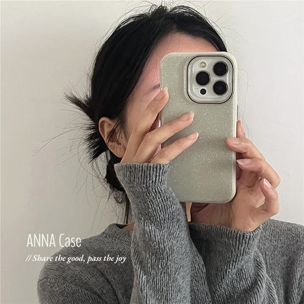 ANNACASE高级ins风少女米色细闪滴胶适用苹果16promax手机壳iphone14全包12pro新款15小众13promax防摔保护套