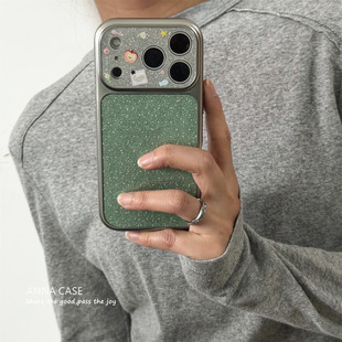 ANNACASE春天ins薄荷绿细闪小插画大视窗手机壳适用iphone17promax苹果17新款 15pro全包16Promax防摔保护套16
