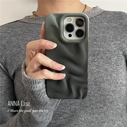 ANNACASE高级感立体渐变灰绿不规则波浪纹适用于16pro苹果15promax手机壳iPhone13全包12磨砂14pro防摔保护套