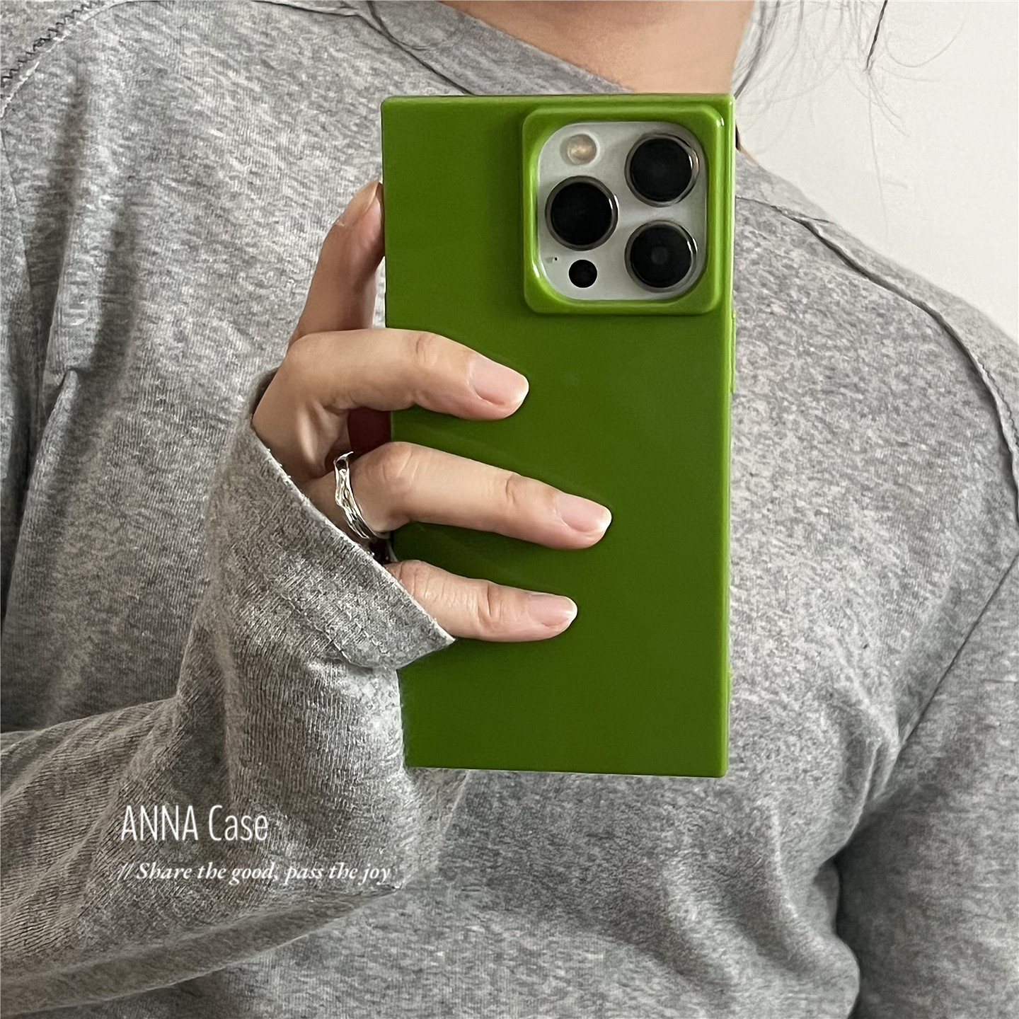 ANNACASE夏日鲜活亮眼绿色方形适用于iphone16promax苹果14手机壳16新款13pro硅胶15promax防摔保护套15软壳