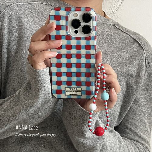 韩系ins风少女红蓝格子撞色挂链