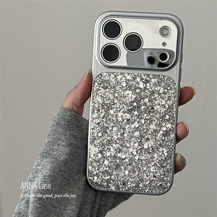 ANNACASEins高级银色闪闪亮片镜面大视窗手机壳适用iphone17promax苹果17新款15pro全包16Promax防摔保护套14