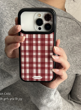 ANNACASEins秋冬韩系氛围红色格纹手机壳适用iphone17promax苹果14软17新款15pro女款16Promax防摔保护套13