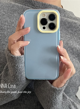 ANNACASE简约蓝色撞黄色镜头框适用苹果16promax手机壳iphone14小众15pro新款16全包软壳13promax防摔保护套