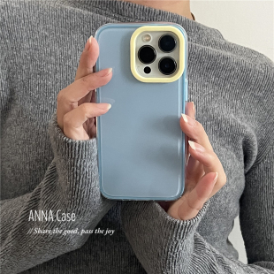 ANNACASE简约蓝色撞黄色镜头框适用苹果16promax手机壳iphone14小众15pro新款 16全包软壳13promax防摔保护套