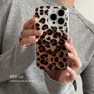 ANNACASE秋冬透明渐变棕色豹纹磁吸手机壳适用iphone17promax苹果14光面17pro新款 15pro软16Promax防摔保护套
