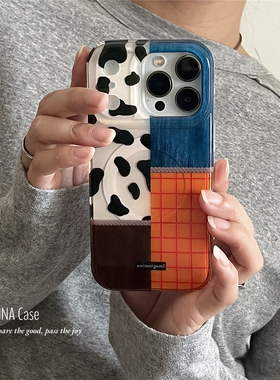ANNACASE秋冬豹纹拼接格子磁吸手机壳适用iphone17promax苹果14全包17pro新款15pro软壳16Promax防摔保护套16