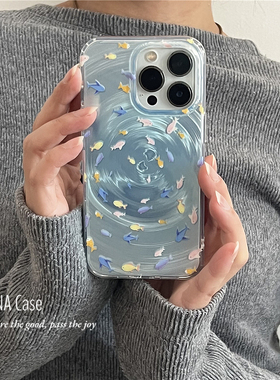 ANNACASE晕染蓝可爱小鱼群旋涡纹适用苹果17promax手机壳iphone14小众15pro新款全包软壳16promax防摔保护套