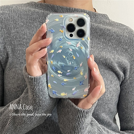 ANNACASE晕染蓝可爱小鱼群旋涡纹适用苹果17promax手机壳iphone14小众15pro新款全包软壳16promax防摔保护套
