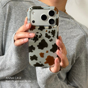 ANNACASEins秋冬棕黑撞色奶牛斑纹适用苹果18promax手机壳iphone16全包18pro新款15软17promax防摔保护套17女