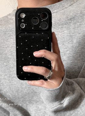 ANNACASE秋冬温柔黑粉丝绒闪钻大视窗手机壳适用iphone17promax苹果14新款15pro女款16ProMax防摔保护套17软