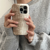 ANNACASE秋冬渐变浅卡其色鳄鱼纹皮质适用17promax手机壳新款 iPhone16高级15pro防摔17硬壳16promax保护套14