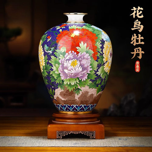 戴嘉林景泰蓝花瓶大号牡丹赏瓶摆件家居客厅中式收藏工艺品摆件