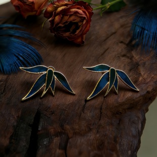 非遗仿点翠孔雀毛竹叶耳钉原创新中式 纯手工制作中国风汉服耳饰