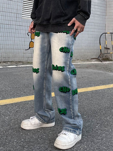 bigboy立体绣花牛仔裤宽松浅色贴布复古长裤男hiphop潮牌直筒裤