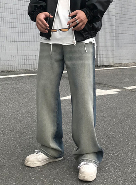 bigboy复古两面渐变色牛仔裤洗水美式阔腿裤男士宽松百搭直筒长裤
