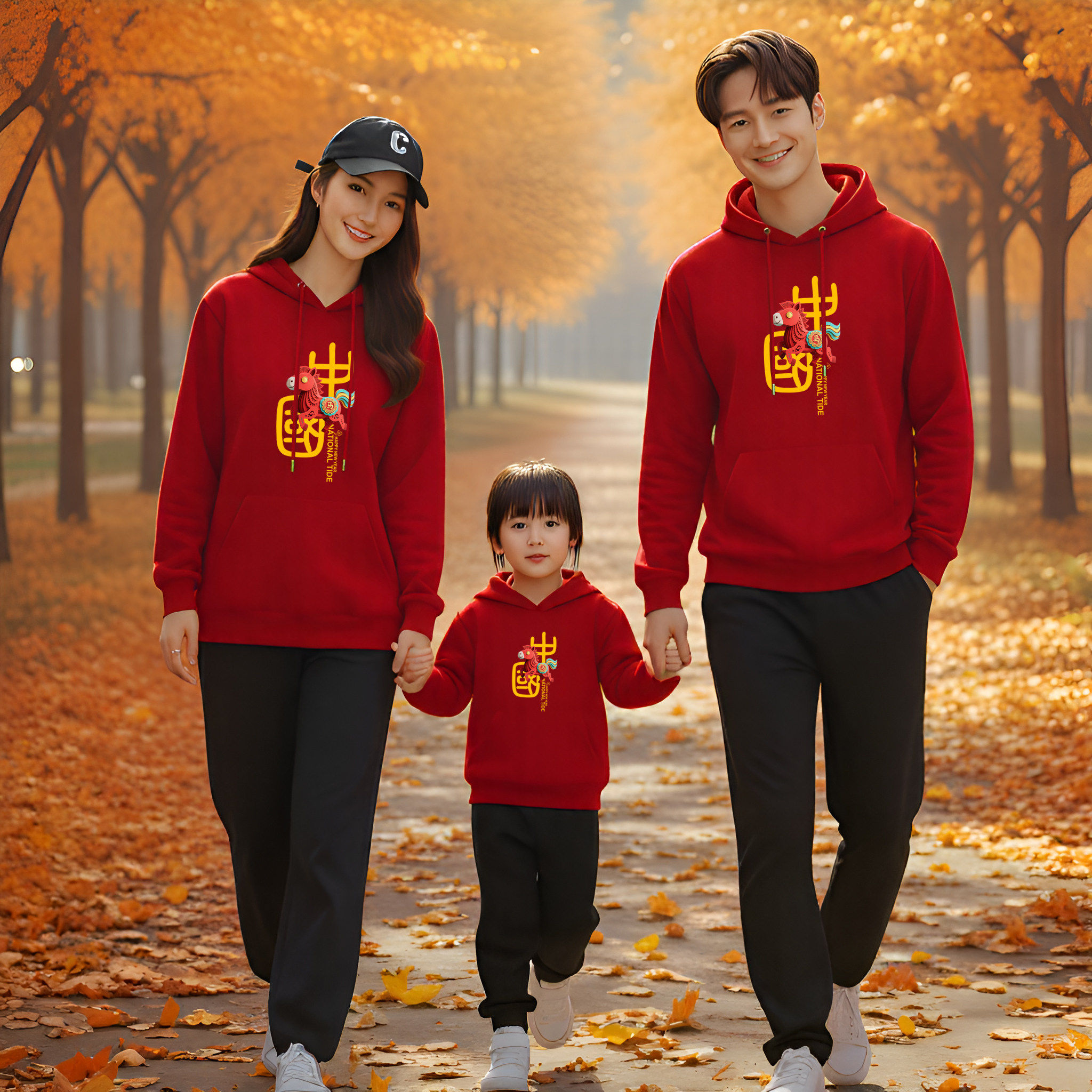 红色连帽卫衣亲子装一家三口2026马年本命年衣服母女拜年服冬装