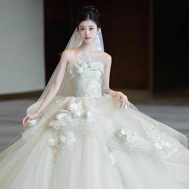 法式轻婚纱高级质感缎面2025款拖尾气质重工新娘婚礼轻奢抹胸主纱,女装/女士精品,婚纱,淘宝优惠券,粉丝福利购,淘宝优惠卷