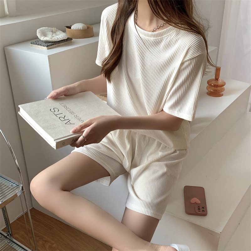 夏季蛇骨纹针织短袖睡衣套装女2022新款宽松休闲运动家居服两件套