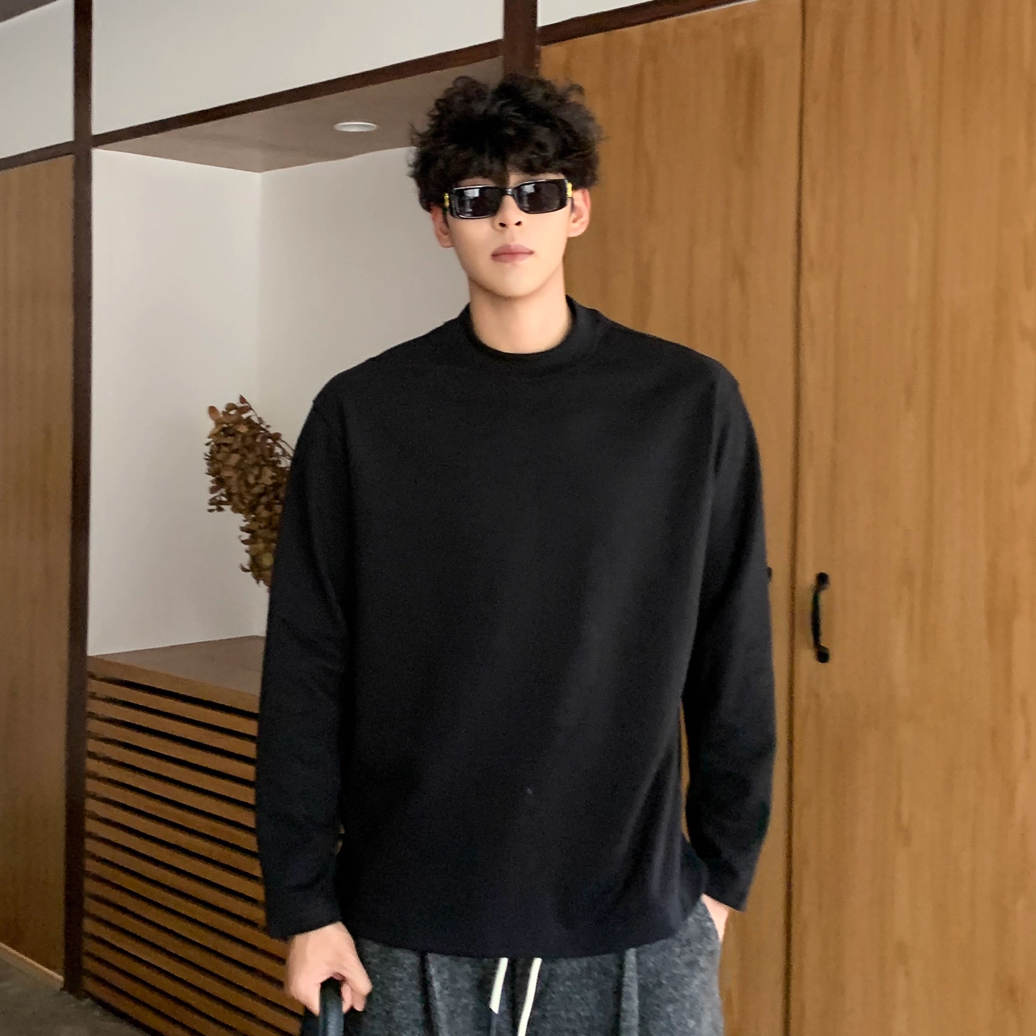 秋冬新款简约打底开衩情侣T恤