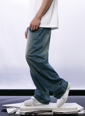 THOS 23SS 蓝黄色古着感阔腿牛仔裤双褶透气宽松垂感休闲直筒裤男