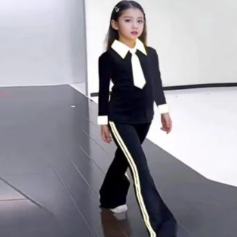 儿童t台走秀潮服女童模特形体训练服套装秋季新款童模练功演出服