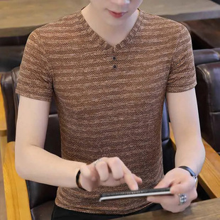 青年修身 薄款 韩版 潮流男士 冰丝短袖 v领纽扣上衣体恤男装 t恤男夏季