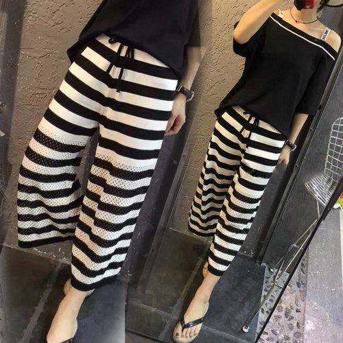 欧洲站2026夏季新款宽松薄款冰丝条纹针织七分阔腿裤修身显瘦女潮