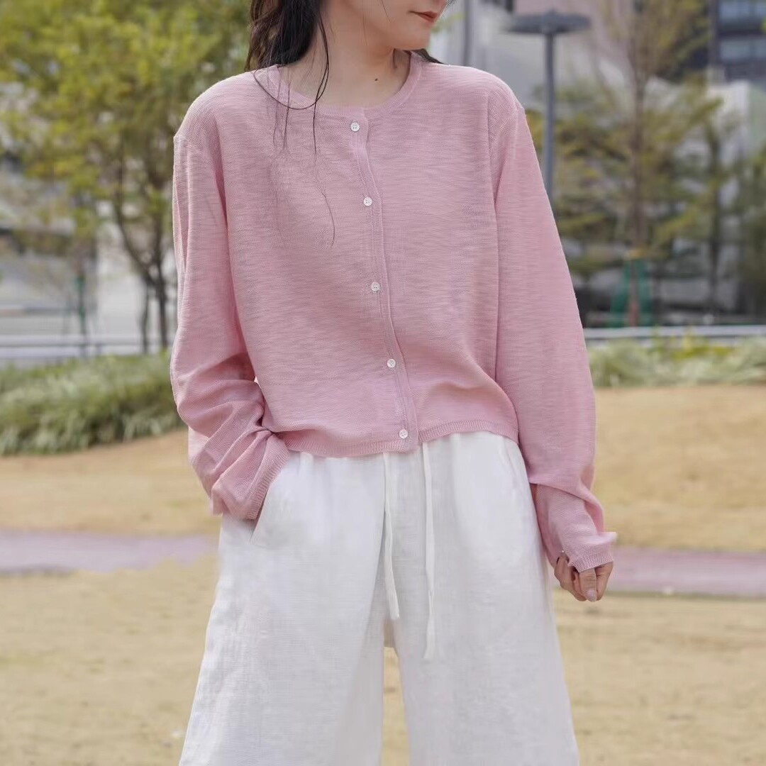 春夏新款亚麻针织打底衫宽松显瘦纯色简约棉麻长袖T恤套头女短款